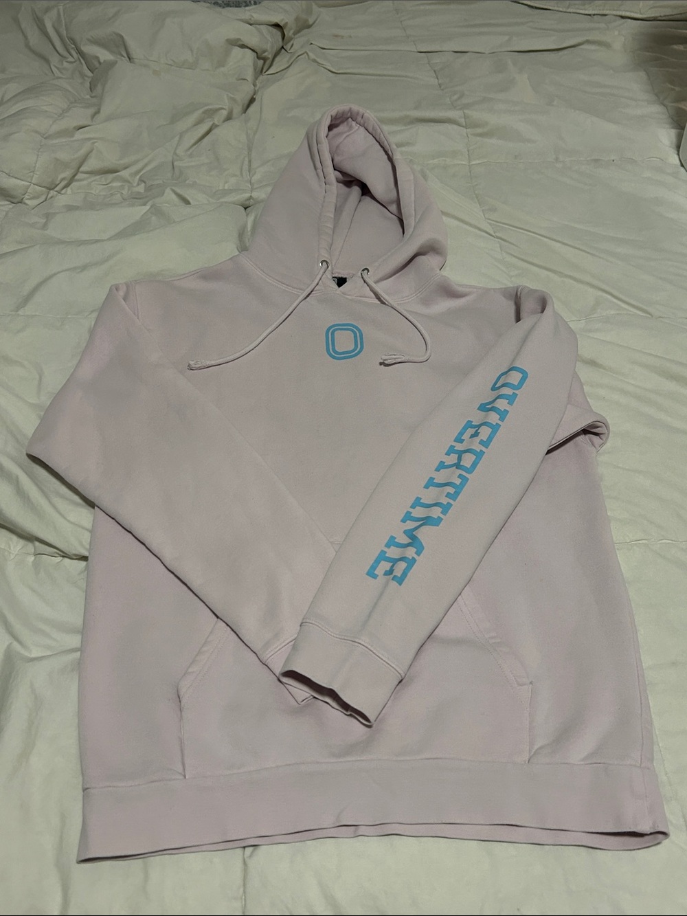 Overtime men’s  Pastel Pink Pullover Hoodie with Blue Sleeve Print